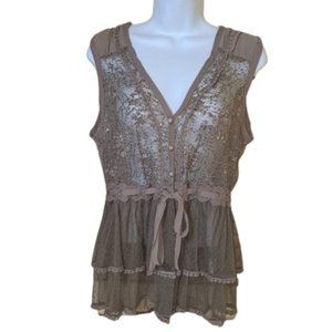 Mushroom (Gray Beige) Sheer Lace Sleeveless Blouse Size Large